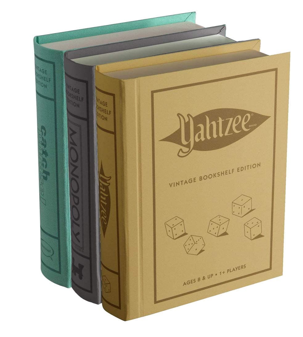 WS Game Company Monopoly, Yahtzee, and Catch Phrase Vintage Board Game Bookshelf Collection