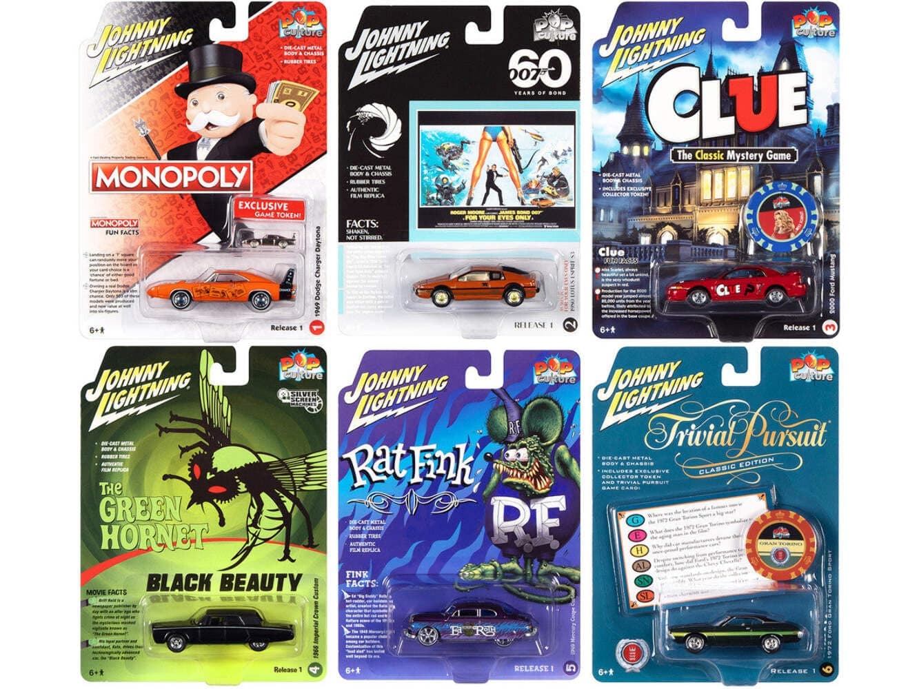 Johnny Lightning Pop Culture Monopoly and 007 Die-Cast Set of 6
