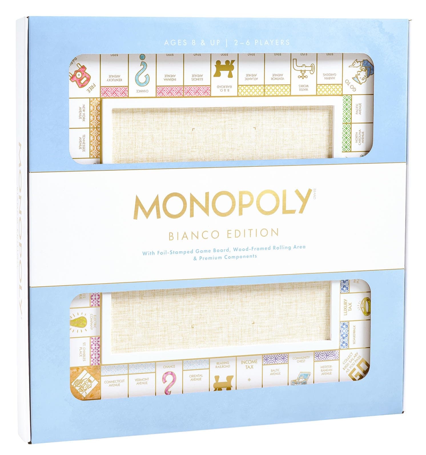 WS Game Company Monopoly Bianco Edition, White Wood Board, Gold-Tone Tokens, Grasscloth-Textured Center, Solid Wood Houses & Hotels, Premium Accessories
